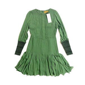 Hanley Mellon Green Silk Pleated Mini Dress Long Sleeve Dress SZ 4 NWT